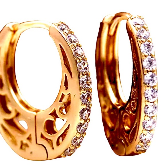 14K Gold Plated, White Zirconia Cuff Earrings Huggie Hoop Earrings for Women - Picture 3 of 5